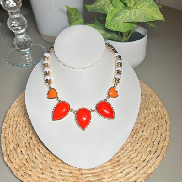 NY & Co. Orange Teardrops, Statement Necklace with White & Gold Accent Beads. - Picture 5 of 11
